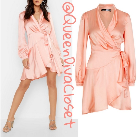 Dresses & Skirts - Peach pink coral satin wrap peplum flare dress 12